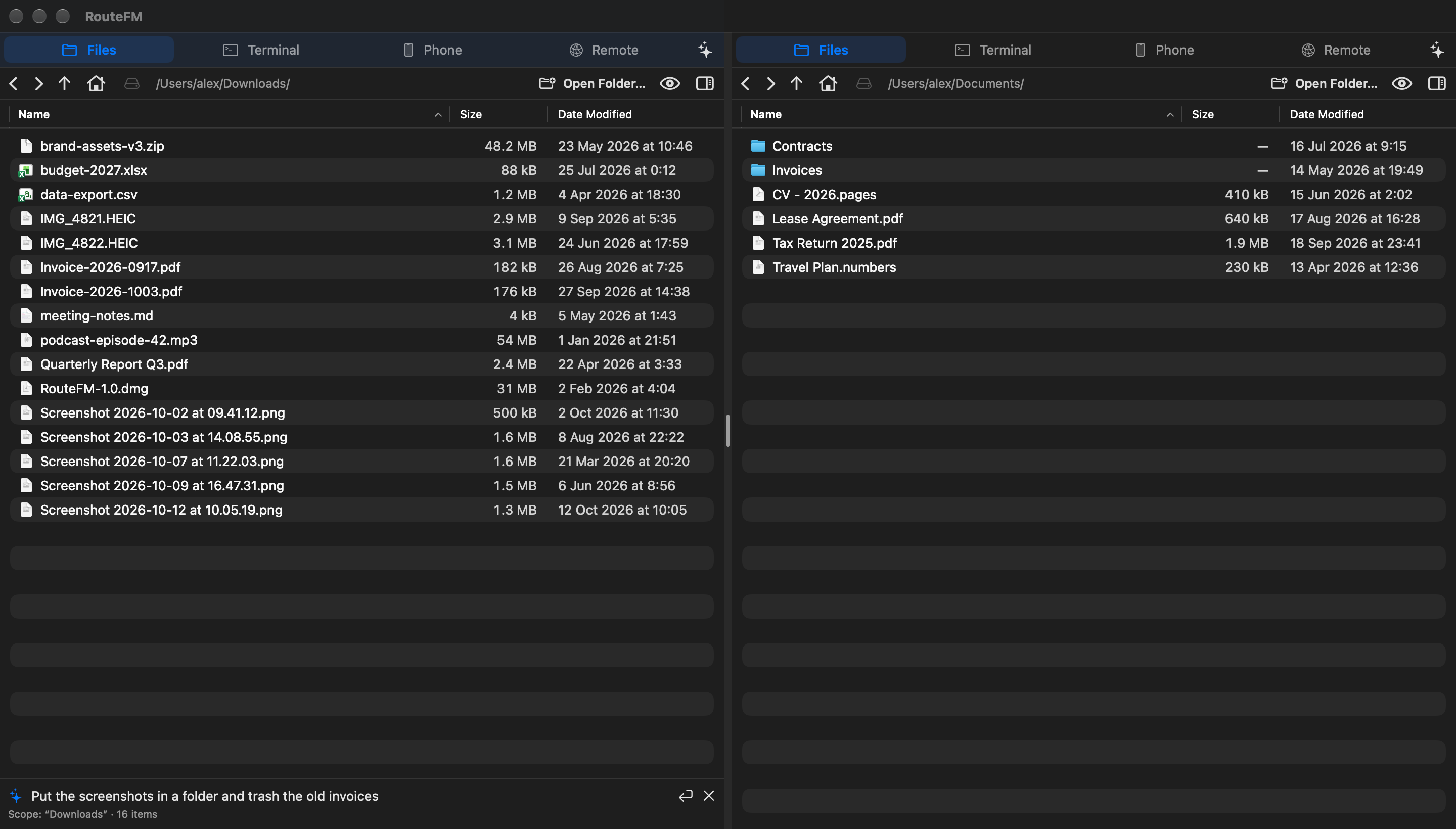 The AI command bar with a request to tidy up Downloads