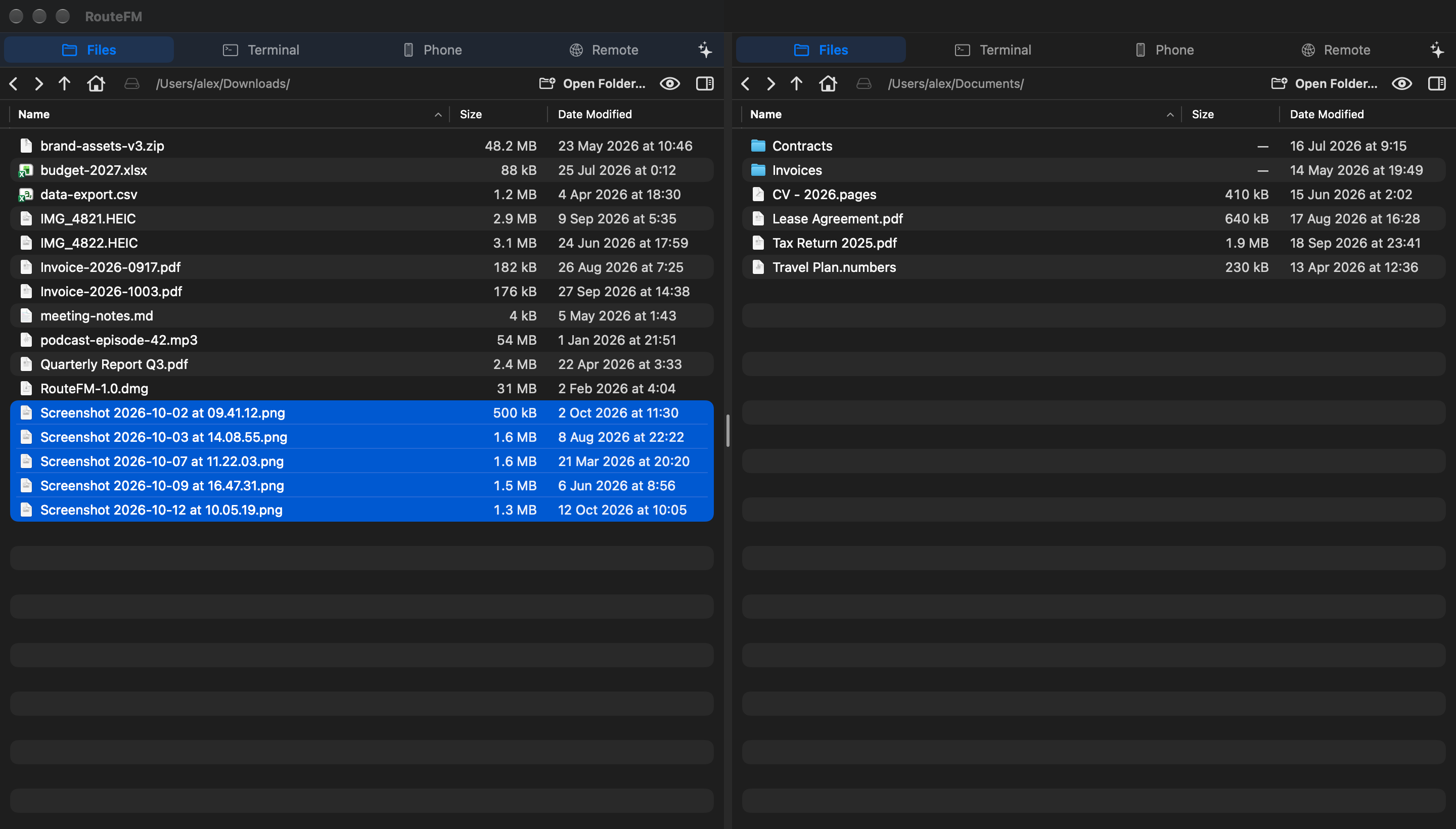 The RouteFM window with two folders side by side