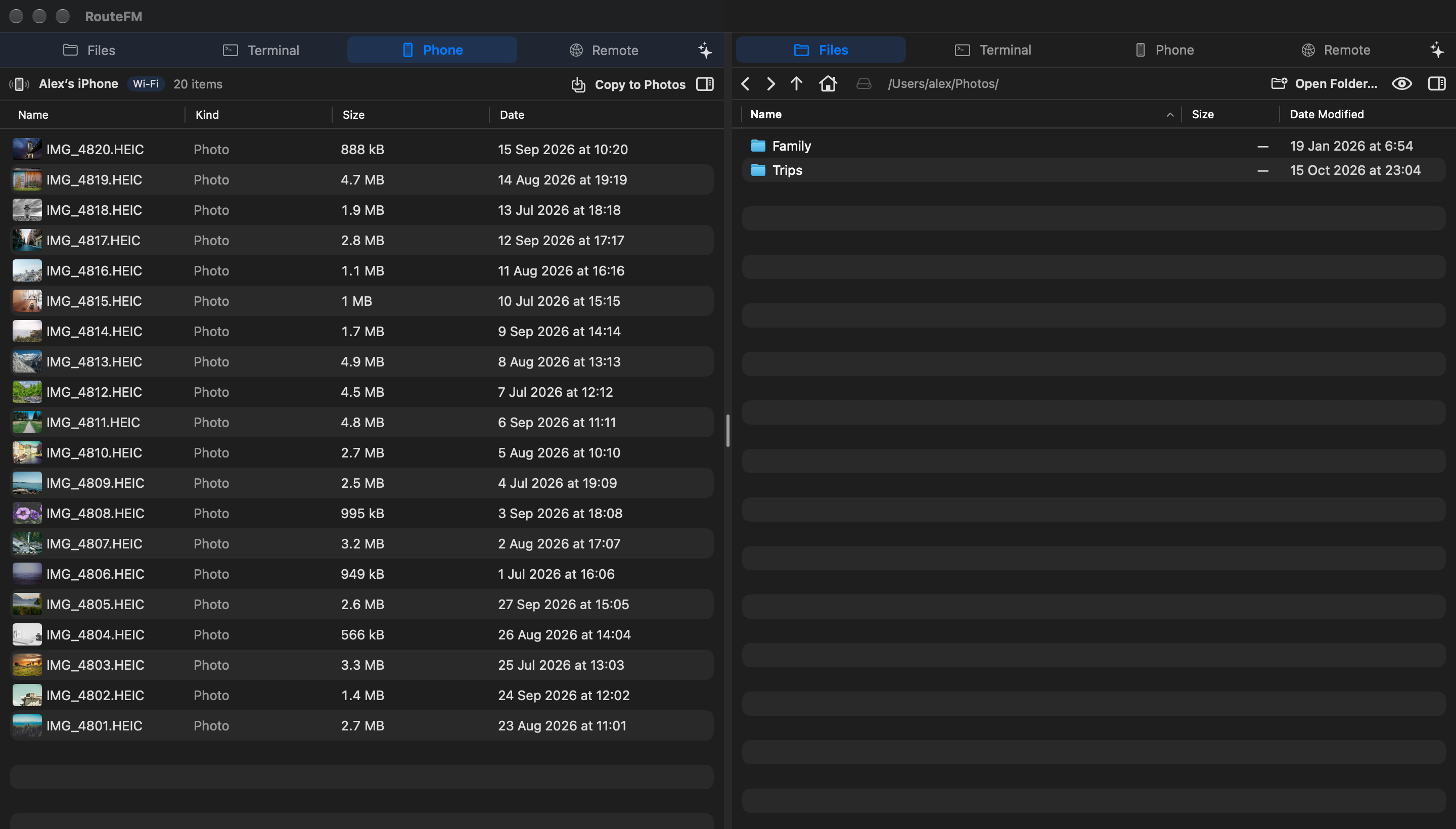 Photos from an iPhone listed in RouteFM on the Mac