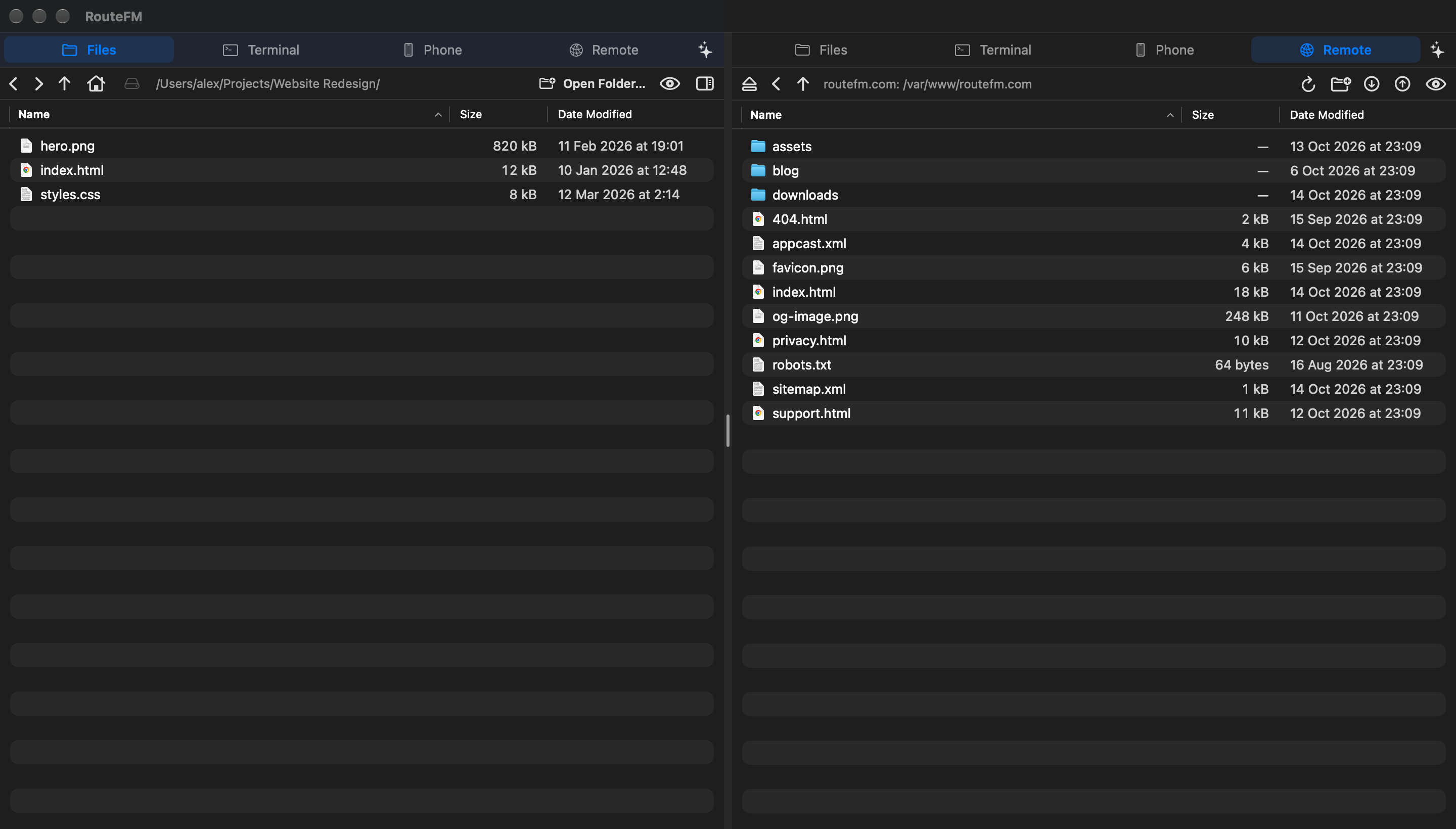 A local project folder next to a web server over SFTP